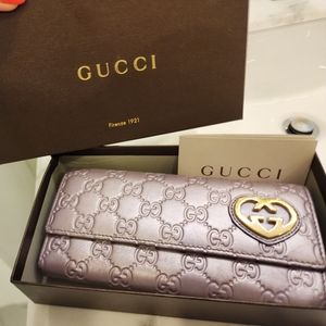 Authentic Gucci Wallet Bifold Long Purse Heart GG Guccissima Leather